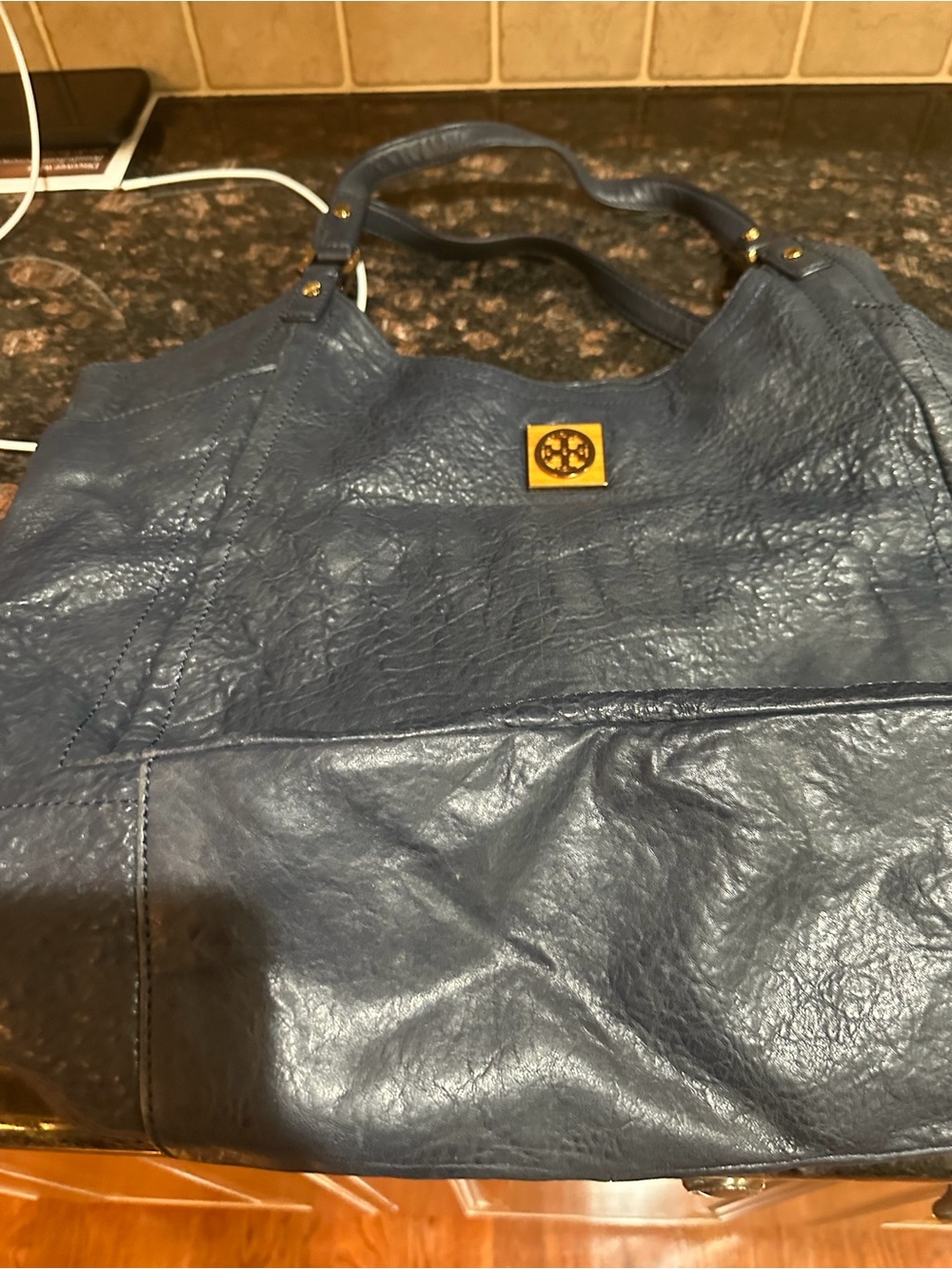 Tory Burch Blue Leather Messenger Tote with Logo Plaque